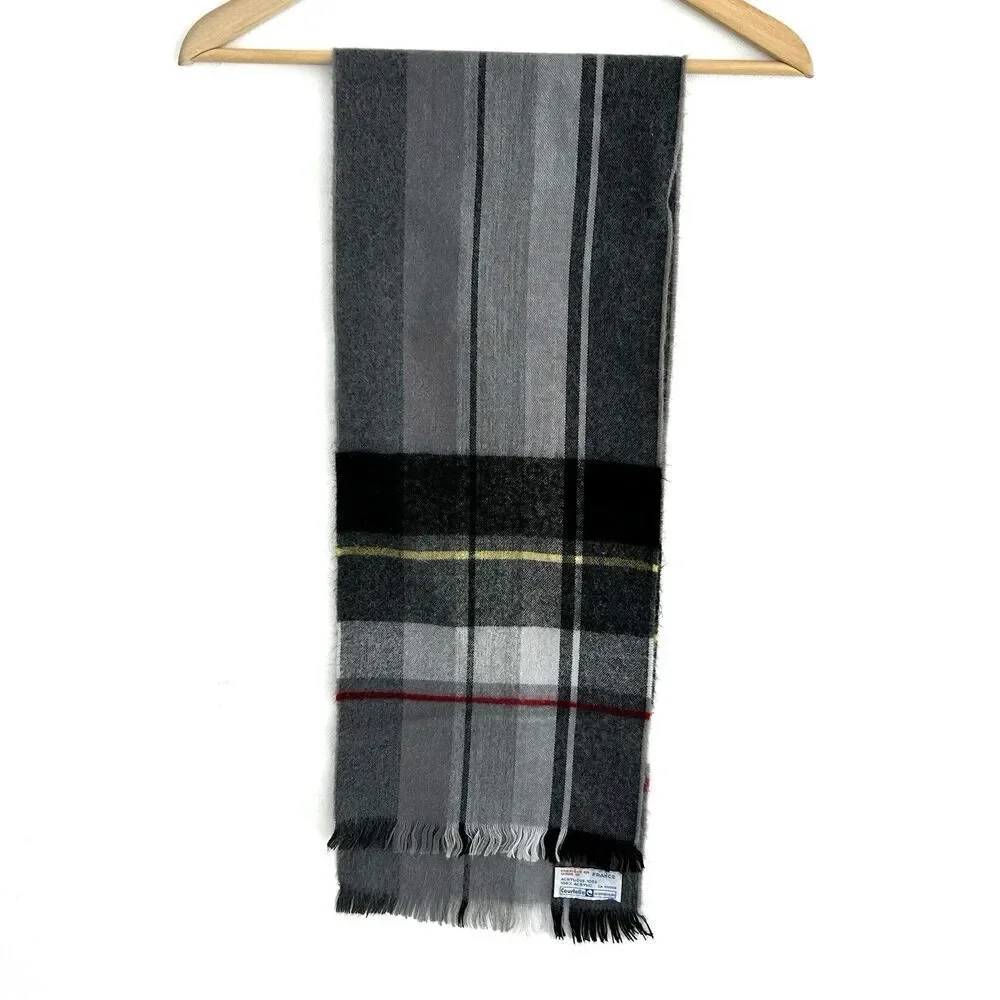 Vintage Courtelle Plaid Scarf Made in France Grey Fringed Courtaulds Preppy